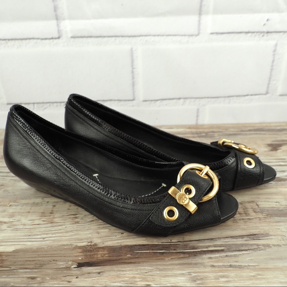 BCBGMaxAzria Shoes - BCBG MaxAzria sz 6.5 black leather peeptoe wedges